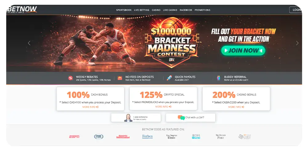 BetNow sportsbook homepage featuring bracket contest promotion