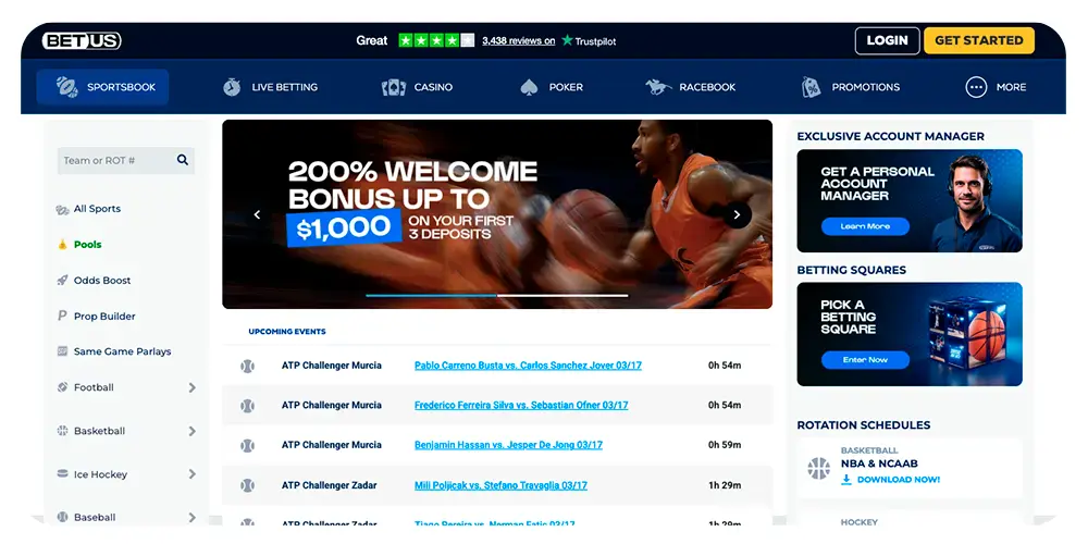 BetUS sportsbook interface with welcome bonus and betting lines
