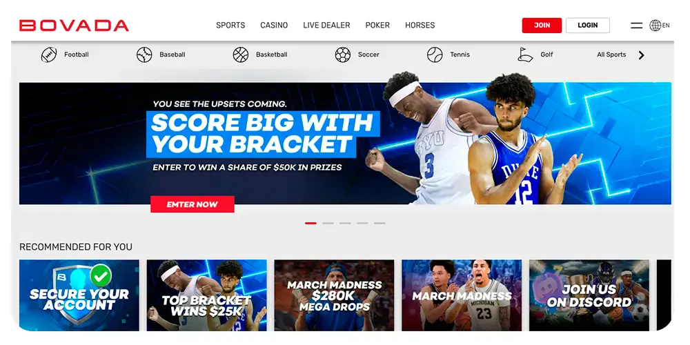 Bovada sportsbook homepage with March Madness banner and betting menu