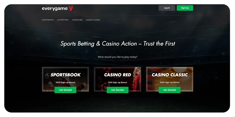 Everygame sportsbook homepage with sportsbook and casino sections