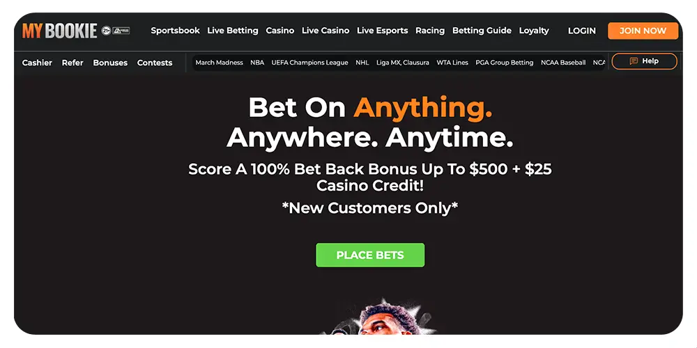 MyBookie sportsbook homepage with signup bonus and betting options