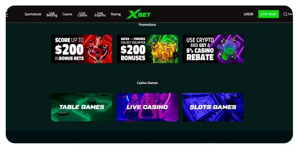 XBet sportsbook homepage with crypto bonuses and casino games